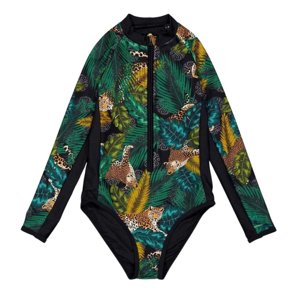 Biba Girls Animal Print Long-Sleeved Rash Guard Swimsuit / Black